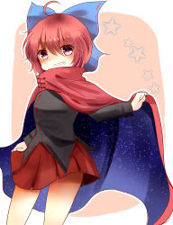Rule 34 | 1girl, absurdres, ahoge, blush, bow, cape, cowboy shot, grin, hair bow, high collar, highres, indo (mdtanaka2007), large bow, long sleeves, looking at viewer, miniskirt, red eyes, red hair, sekibanki, shirt, short hair, skirt, smile, solo, star (symbol), thighs, touhou, tunic