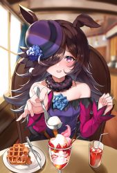 Rule 34 | 1girl, :d, absurdres, animal ears, blue flower, blue rose, blurry, blurry background, blush, breasts, brown hair, commentary request, cup, depth of field, dress, flower, food, fruit, fur collar, hair over one eye, hat, hat flower, highres, holding, holding spoon, horse ears, horse girl, incoming food, indoors, knife, long hair, long sleeves, looking at viewer, off-shoulder dress, off shoulder, open mouth, parfait, pengrani, plate, purple dress, purple eyes, purple hat, red sleeves, rice shower (umamusume), rose, round table, smile, solo, spoon, strawberry, table, umamusume, waffle, window