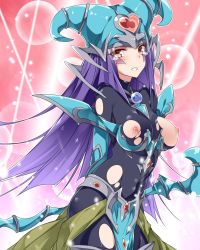 Rule 34 | 1girl, armor, arms behind back, bad id, bad twitter id, blush, bodysuit, breasts, broken armor, covered navel, duel monster, facial mark, hat, heart, highres, kiwi magician girl, long hair, looking at viewer, mtu (orewamuzituda), nipples, orange eyes, parted lips, purple hair, red eyes, solo, staff, tears, torn bodysuit, torn clothes, yu-gi-oh!