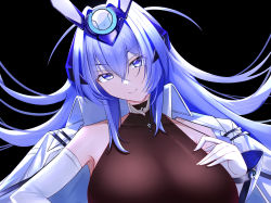 Rule 34 | 1girl, absurdres, azur lane, black background, bodystocking, breasts, coat, coat on shoulders, collared coat, elbow gloves, gloves, hair between eyes, headgear, highres, large breasts, long hair, looking at viewer, new jersey (azur lane), purple eyes, purple hair, renzero (user vmsj8444), simple background, solo, upper body, very long hair, white coat, white gloves