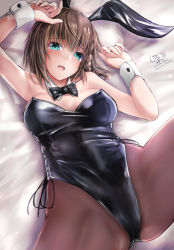 Rule 34 | 1girl, animal ears, aqua eyes, arm up, armpits, black leotard, black pantyhose, blush, bow, bowtie, braid, breasts, brown hair, charlotte corday (fate), cleavage, commentary, detached collar, fake animal ears, fate/grand order, fate (series), giraffe (ilconte), highleg, highleg leotard, large breasts, leotard, looking at viewer, lying, medium hair, on back, open mouth, pantyhose, playboy bunny, rabbit ears, solo, wrist cuffs