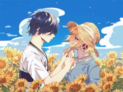 Rule 34 | 1boy, 1girl, adjusting clothes, adjusting headwear, aegis (persona), android, blonde hair, blue dress, blue eyes, blue hair, blue sky, closed mouth, cloud, commentary request, day, dress, elulit2, eye contact, field, flower, flower field, from side, hair over one eye, hat, highres, korean commentary, looking at another, outdoors, persona, persona 3, profile, robot ears, shirt, short hair, short sleeves, sky, sunflower, white shirt, yellow flower, yuuki makoto (persona 3)