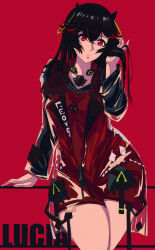 Rule 34 | 1girl, absurdres, adjusting hair, black hair, black sleeves, character name, chinese commentary, coat, commentary, cowboy shot, dress, fake horns, hair between eyes, headphones, headphones around neck, highres, horns, long hair, long sleeves, lucia: lotus (rain walking) (punishing: gray raven), lucia (punishing: gray raven), mechanical horns, multicolored hair, official alternate costume, parted lips, punishing: gray raven, red background, red dress, red eyes, see-through, see-through coat, short dress, simple background, solo, streaked hair, thighs, wanlai bu shiman, zipper pull tab