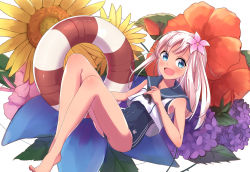 Rule 34 | 10s, 1girl, blonde hair, blue eyes, crop top, flower, hair flower, hair ornament, hibiscus, highres, hydrangea, kantai collection, lifebuoy, mitsukichi, one-piece swimsuit, one-piece tan, ro-500 (kancolle), sailor collar, school swimsuit, smile, solo, standing, sunflower, swim ring, swimsuit, swimsuit under clothes, tan, tanline