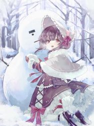 Rule 34 | 1girl, :d, absurdres, arm ribbon, bare tree, bonnet, breath, brown hair, capelet, coat, cold, commentary request, commission, day, dress, fallenshadow, food-themed ornament, forest, frilled bonnet, frilled dress, frills, gloves, grass, highres, holding snowball, indie virtual youtuber, lolita fashion, looking at viewer, nature, nennekorori4, non-web source, open mouth, outdoors, petite, pink eyes, pink ribbon, ribbon, second-party source, shoes, skeb commission, smile, snow, snowball, snowflakes, snowing, snowman, solo, sweet lolita, thighhighs, tree, virtual youtuber, white capelet, white thighhighs, winter, winter clothes