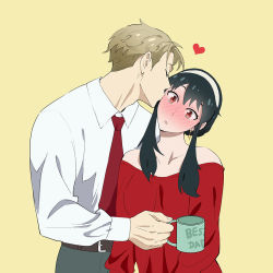 Rule 34 | 1boy, 1girl, :o, bare shoulders, belt, black hair, blonde hair, blouse, blush, collarbone, commentary, cup, dress, head tilt, heart, holding, holding cup, long sleeves, looking at viewer, miyuli, necktie, nose blush, off-shoulder dress, off shoulder, open mouth, red eyes, red necktie, shirt, sidelocks, simple background, spy x family, sweater, sweater dress, symbol-only commentary, twilight (spy x family), white shirt, yellow background, yor briar