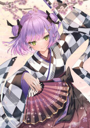Rule 34 | 1girl, absurdres, black hakama, black ribbon, black skirt, blush, bob cut, bow, bow earrings, checkered clothes, checkered kimono, closed mouth, earrings, fishnet gloves, fishnets, flower, folding fan, gloves, green eyes, hair ornament, hair ribbon, hair rings, hairclip, hairpin, hakama, hakama skirt, hand fan, highres, hololive, japanese clothes, jewelry, kimono, long sleeves, multiple hairpins, official alternate costume, official alternate hair length, official alternate hairstyle, purple hair, ribbon, runlan 0329, skirt, smile, solo, tokoyami towa, tokoyami towa (new year), two side up, virtual youtuber, white sleeves, x hair ornament, yellow eyes