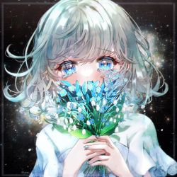 Rule 34 | 1girl, antenna hair, blue eyes, blue flower, crying, crying with eyes open, flower, forget-me-not (flower), glint, highres, holding, holding flower, light particles, looking at viewer, messy hair, original, own hands clasped, own hands together, pa ff, palms together, short hair, short sleeves, sobbing, solo, sparkle, tears, upper body, v-shaped eyebrows, wide sleeves