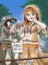 Rule 34 | bad id, bad twitter id, black hair, black mamba (kemono friends), collared shirt, cup, demonstration, fangs, finger in own mouth, haegiwa gonbee, hood, hoodie, kemono friends, miniskirt, necktie, orange hair, pencil skirt, shirt, short hair, sign, skirt, sleeves rolled up, slit pupils, snake tail, tail, taipan (kemono friends), thighhighs, tree, zipper pull tab