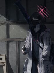 Rule 34 | 1girl, absurdres, bandaged neck, bandages, black hair, black hoodie, black mask, black pants, blue archive, earrings, fim-92 stinger, gun, halo, highres, holding walkie-talkie, hood, hooded jacket, hoodie, jacket, jewelry, kyatto-mikazu, man-portable air-defense system, mask, misaki (blue archive), missile launcher, mouth mask, pants, red eyes, rocket launcher, short hair, solo, stud earrings, surgical mask, torn clothes, torn pants, walkie-talkie, weapon, white jacket
