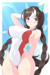 Rule 34 | 1girl, animal ears, blue eyes, blunt bangs, braid, breasts, brown hair, commentary request, competition swimsuit, groin, gurukorian, highres, hokko tarumae (umamusume), horse ears, horse girl, horse tail, large breasts, long hair, multicolored clothes, multicolored swimsuit, one-piece swimsuit, purple eyes, solo, swimsuit, tail, twin braids, umamusume, white one-piece swimsuit