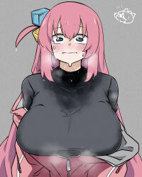 Rule 34 | 1girl, @ @, absurdres, black shirt, blue eyes, blush, bocchi the rock!, breasts, closed mouth, commentary request, cube hair ornament, gotoh hitori, grey background, hair between eyes, hair ornament, highres, jacket, kurodani yamame, large breasts, long hair, looking at viewer, off shoulder, one side up, partially unzipped, pink hair, pink jacket, rinyamame, shirt, simple background, smile, solo, steaming body, sweat, touhou, track jacket, upper body