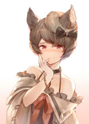 Rule 34 | 10s, 1girl, absurdres, bare legs, bare shoulders, black bow, blush, bow, bracelet, brown hair, closed mouth, collarbone, commentary request, detached sleeves, dress, frilled dress, frills, gradient background, granblue fantasy, hair bow, halterneck, hana mori, highres, jewelry, looking at viewer, purple eyes, red ribbon, ribbon, short hair, simple background, solo, sutera (granblue fantasy), upper body, white background