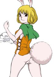 Rule 34 | 1girl, animal ears, anus, ass, blonde hair, bottomless, breasts, brown eyes, cape, capelet, carrot (one piece), cleft of venus, clenched hand, cowboy shot, furry, furry female, gloves, green capelet, highres, kurita, looking at viewer, looking back, medium breasts, no bra, no panties, one piece, pussy, rabbit ears, rabbit girl, rabbit tail, short hair, solo, standing, tail, transparent background, uncensored