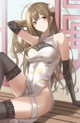 Rule 34 | 1girl, absurdres, arm rest, bare shoulders, black thighhighs, breasts, brown hair, cleavage, closed mouth, collared dress, dress, hand on own head, heart, highres, idolmaster, idolmaster shiny colors, kuwayama chiyuki, lace, lace-trimmed dress, lace-trimmed thighhighs, lace trim, large breasts, long hair, okano yuuto, see-through, see-through cleavage, side slit, sitting, sleeveless, sleeveless dress, solo, thigh strap, thighhighs, tight clothes, tight dress, white dress, yellow eyes
