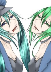 2girls aqua_hair blue_eyes blue_shirt bra breasts choker cleavage green_eyes green_hair grey_bra grey_choker gumi hair_between_eyes half-closed_eyes hat hatsune_miku highres i-zayo-i long_hair looking_at_viewer multiple_girls open_clothes open_shirt police_hat police_no.13_(vocaloid) shirt short_hair short_hair_with_long_locks simple_background teeth tongue tongue_out twintails underwear upper_teeth_only vocaloid white_background