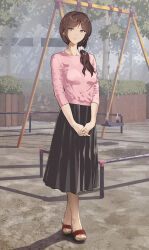 Rule 34 | 1girl, black skirt, brown hair, brown pantyhose, female focus, full body, highres, long hair, looking at viewer, mature female, outdoors, pantyhose, playground, ponytail, sandals, shirt, skirt, smile, solo, standing, yewang19