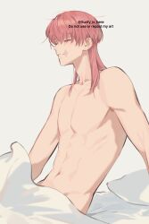 Rule 34 | 1boy, abs, bed sheet, closed eyes, from side, hand on floor, leaning back, male focus, medium hair, messy hair, morning, parted lips, pillow, pink hair, sanzu haruchiyo, scar, scar on face, simple background, sitting, solo, teeth, tokyo revengers, topless male, upper body, upper teeth only, wolf cut, yoursunfy