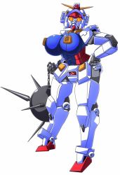Rule 34 | 1girl, android, ball and chain (weapon), breasts, full body, gundam, hand on own hip, large breasts, looking at viewer, marokko (41evol), orange eyes, robot, solo, weapon
