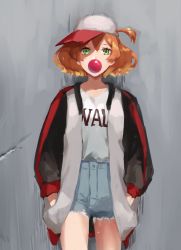 Rule 34 | 1girl, against wall, bad id, bad pixiv id, baseball cap, blonde hair, blue shorts, brown hair, blowing bubbles, cardigan, collarbone, cowboy shot, denim, denim shorts, freyja wion, green eyes, hair between eyes, hands in pockets, hat, high-waist shorts, highres, long sleeves, looking at viewer, macross, macross delta, multicolored hair, one side up, open cardigan, open clothes, pote-mm, print shirt, shirt, short hair, short shorts, shorts, solo, standing, torn clothes, torn shorts, two-tone hair, white shirt
