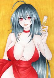 Rule 34 | 1girl, alcohol, azur lane, black hair, breasts, champagne, champagne flute, choker, cleavage, cup, drinking glass, highres, large breasts, long hair, looking at viewer, red eyes, smile, solo focus, taihou (azur lane), taihou (forbidden feast) (azur lane), traditional media, very long hair