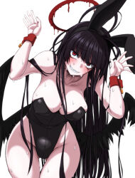 Rule 34 | 1girl, alternate costume, animal ears, bare shoulders, black hair, black leotard, black wings, blood, blood halo, blue archive, blush, breasts, cleavage, collarbone, commentary request, cowboy shot, fake animal ears, grin, hairband, halo, koutarou (plusdrive), large breasts, leotard, liquid halo, long hair, looking at viewer, low wings, melting halo, playboy bunny, rabbit ears, rabbit pose, red eyes, red halo, sharp teeth, simple background, smile, solo, strapless, strapless leotard, sweat, teeth, tsurugi (blue archive), very long hair, white background, wings, wrist cuffs