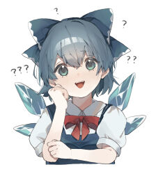 Rule 34 | 1girl, ?, blue bow, blue dress, blue eyes, blue hair, bow, bowtie, cirno, dress, fairy, hair bow, higa (gominami), highres, ice, ice wings, large bow, red bow, red bowtie, shirt, smile, solo, touhou, white background, white shirt, wings