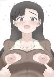 Rule 34 | 1girl, black hair, blush, breasts, chi-hatan military uniform, girls und panzer, grey eyes, heart, heart-shaped pupils, highres, large breasts, looking at viewer, military, military uniform, nipples, nishi kinuyo, no bra, open mouth, simple background, smile, solo, symbol-shaped pupils, uniform, urabashi, white background