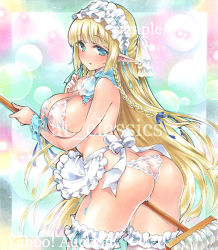 Rule 34 | 1girl, apron, aqua eyes, artist name, ass, at classics, between legs, bikini, blonde hair, blush, braid, breasts, cameltoe, covered erect nipples, cowboy shot, detached collar, elf, frilled apron, frills, front-tie bikini top, front-tie top, holding, large breasts, long hair, looking at viewer, looking back, maid headdress, micro bikini, mop, original, parted lips, pointy ears, ribbon-trimmed legwear, ribbon trim, sample watermark, see-through, side-tie bikini bottom, side braid, skindentation, solo, swimsuit, thighhighs, traditional media, twin braids, very long hair, waist apron, watermark, white apron, white thighhighs