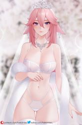 Rule 34 | 1girl, animal ears, arm at side, artist name, bare shoulders, blurry, blurry background, blush, bra, breasts, bridal veil, cleavage, closed mouth, cowboy shot, crown, depth of field, earrings, fox ears, fur shawl, genshin impact, glint, gluteal fold, hair between eyes, helloimtea, highres, jewelry, large breasts, lips, long hair, nail polish, navel, necklace, panties, pink hair, pink nails, purple eyes, shawl, smile, solo, stomach, thigh gap, thighhighs, underwear, veil, very long hair, white bra, white panties, white thighhighs, yae miko
