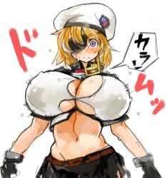 Rule 34 | 1girl, black gloves, black skirt, blonde hair, blush, breasts, bursting breasts, character request, covered erect nipples, eyepatch, female focus, gloves, groin, hat, huge breasts, long hair, navel, nose blush, purple eyes, sachito, simple background, skirt, solo, straining buttons, surprised, sweat, white background