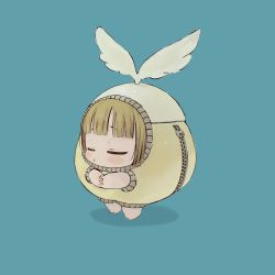 Rule 34 | 1girl, blonde hair, blue background, blunt bangs, blush stickers, chibi, ebimomo, interlocked fingers, lowres, original, own hands together, short hair, simple background, solo, standing, wings, zipper