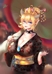 Rule 34 | 1girl, black nails, blonde hair, blue eyes, bowsette, breasts, cleavage, collar, crown, earrings, food print, hair ornament, horns, japanese clothes, jewelry, kimono, large breasts, long hair, looking at viewer, mario (series), mushroom, mushroom print, nail polish, new super mario bros. u deluxe, nintendo, obi, open mouth, pointy ears, sash, smile, solo, spiked collar, spikes, super crown, super star (mario), wide sleeves, yukata