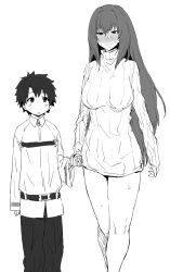 Rule 34 | 1boy, 1girl, age difference, aged down, bad id, bad pixiv id, blush, breasts, child, fate/grand order, fate (series), fujimaru ritsuka (male), gomu (chewinggom), greyscale, holding hands, huge breasts, long hair, monochrome, onee-shota, ribbed sweater, scathach (fate), simple background, smile, sweat, sweater, white background
