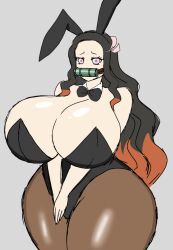 Rule 34 | 1girl, aged up, alternate breast size, animal ears, bare shoulders, black hair, black leotard, bow, bowtie, breasts, chinese zodiac, cleavage, cowboy shot, detached collar, female focus, gigantic breasts, grey background, highres, kamado nezuko, kimetsu no yaiba, leotard, long hair, looking at viewer, momijizx, multicolored hair, pale skin, pantyhose, pink eyes, playboy bunny, rabbit ears, shiny clothes, shiny skin, solo, strapless, strapless leotard, thick thighs, thighs, two-tone hair, wide hips, year of the rabbit