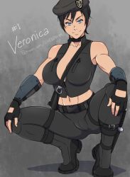 Rule 34 | 1girl, bare shoulders, belt, beret, black hair, blue eyes, breasts, cameltoe, character name, collarbone, dagger, fingerless gloves, gloves, hat, highres, knife, large breasts, looking at viewer, midriff, navel, sgt crisis, short hair, smile, solo, spread legs, squatting, weapon