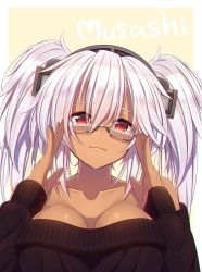 Rule 34 | 1girl, adjusting eyewear, bare shoulders, black sweater, breasts, character name, cleavage, contemporary, dark-skinned female, dark skin, glasses, hair between eyes, headgear, highres, kantai collection, large breasts, long hair, looking at viewer, murasame shia, musashi (kancolle), musashi kai ni (kancolle), red eyes, simple background, smirk, solo, sweater, tagme, twintails, upper body, white hair, yellow background