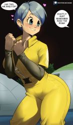 Rule 34 | 1girl, absurdres, blue eyes, blue hair, blush, breasts, bulma, capsule corp, collared shirt, dragon ball, dragon ball super, dragon ball super super hero, dragonball z, echo saber, english text, heart, highres, jumpsuit, large breasts, open mouth, shirt, short hair, smile, solo, thick thighs, thighs, wide hips, yellow jumpsuit