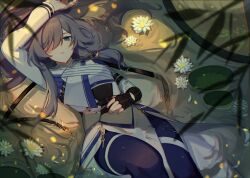 Rule 34 | 1girl, alternate hairstyle, arm up, black gloves, blue eyes, blue pants, breasts, commentary, english commentary, flower, fu hua, fu hua (azure empyrea), fu hua (taixuan impression), gloves, grey hair, hair over one eye, hand on own stomach, highres, honkai (series), honkai impact 3rd, long hair, long sleeves, looking at viewer, pants, parted lips, small breasts, solo, tohwa san, white flower, white sleeves