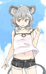 Rule 34 | 1girl, alternate costume, alternate hairstyle, animal ears, bare arms, bare shoulders, blue sky, camisole, chemise, cloud, collarbone, day, grey hair, low twintails, midriff, mouse ears, mouse tail, navel, nazrin, off shoulder, pink eyes, sape (saperon black), short shorts, short twintails, shorts, sky, smirk, solo, strap pull, tail, touhou, twintails, wind, wind lift