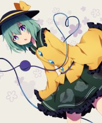 Rule 34 | 1girl, bad id, bad pixiv id, black frills, black hat, bow, collared shirt, commentary, dutch angle, eyeball, floral background, floral print, frilled shirt collar, frills, green eyes, green hair, green skirt, grey background, hair between eyes, hat, hat bow, hat ribbon, heart, heart of string, highres, koishi day, komeiji koishi, long sleeves, looking at viewer, multicolored eyes, open mouth, petticoat, purple eyes, ribbon, shirt, short hair, skirt, sleeves past fingers, sleeves past wrists, solo, string, third eye, touhou, wide sleeves, yellow bow, yellow shirt, you (noanoamoemoe)