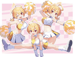 Rule 34 | 1girl, :d, ;d, absurdres, bare shoulders, blonde hair, blue archive, breasts, checkered background, cheerleader, chisana sekai, halo, highres, holding, holding pom poms, kotori (blue archive), kotori (cheer squad) (blue archive), medium breasts, millennium cheerleader outfit (blue archive), multiple views, one eye closed, open mouth, orange sports bra, pom pom (cheerleading), pom poms, red eyes, smile, socks, split, sports bra, white footwear, white socks, yellow halo