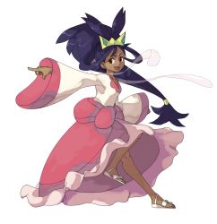 Rule 34 | 1girl, breasts, brown eyes, collarbone, commentary, creatures (company), crown, dark-skinned female, dark skin, english commentary, full body, furrowed brow, game freak, highres, iris (pokemon), long hair, long sleeves, looking at viewer, nintendo, pinkgermy, pointing, pokemon, pokemon bw2, purple hair, sandals, small breasts, standing, standing on one leg, transparent background, very long hair, white footwear