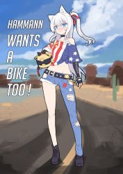 Rule 34 | 1girl, alternate costume, american flag print, american flag shirt, animal ear fluff, animal ears, asymmetrical legwear, azur lane, bare shoulders, belt, black choker, black gloves, blue eyes, blue sky, blush, boots, cactus, cat ears, choker, cloud, collarbone, commentary, cutoff jeans, cutoffs, day, denim, elbow gloves, embarrassed, english commentary, english text, fingerless gloves, full body, gloves, goggles, goggles on headwear, hair ribbon, hammann (azur lane), helmet, highres, hm (hmongt), holding, holding helmet, jeans, looking at viewer, midriff, motorcycle helmet, navel, nose blush, one side up, outdoors, pants, print shirt, red ribbon, ribbon, road, shirt, shirt slip, sidelocks, sky, solo, standing, tied shirt, torn clothes, torn jeans, torn pants, uneven legwear, white hair