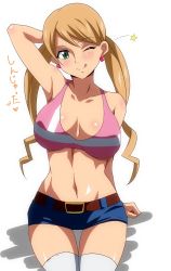 Rule 34 | 1girl, ;q, arm behind head, belt, blonde hair, blush, breasts, bustier, cleavage, drill hair, earrings, green eyes, gundam, gundam tekketsu no orphans, hara (harayutaka), heart, heart earrings, highres, jewelry, lafter frankland, large breasts, long hair, looking at viewer, one eye closed, short shorts, shorts, sitting, solo, thigh gap, thighhighs, tongue, tongue out, twin drills, twintails, white thighhighs