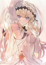 Rule 34 | 1girl, absurdres, arm up, armpits, betabeet, blonde hair, blunt bangs, blush, breasts, cagliostro (granblue fantasy), closed mouth, detached sleeves, dress, flower, granblue fantasy, hair ornament, hair over one eye, highres, long hair, long sleeves, looking at viewer, medium breasts, purple eyes, rose, scowl, sideboob, solo, star (symbol), star hair ornament, upper body, v-shaped eyebrows, very long hair, white dress, white flower, white rose