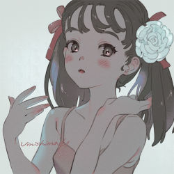 Rule 34 | 1girl, blush, brown eyes, brown hair, camisole, flower, hair flower, hair ornament, hair ribbon, hands up, highres, long hair, looking at viewer, nail polish, original, parted lips, pink camisole, pink nails, red ribbon, ribbon, signature, solo, twintails, umishima senbon, upper body, white flower