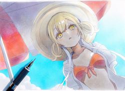 Rule 34 | 1girl, azusawa kohane, bad id, bad twitter id, beach umbrella, bikini, blonde hair, blue sky, blush, chin strap, collarbone, day, from below, front-tie bikini top, front-tie top, graphite (medium), hat, highres, jacket, looking at viewer, marker (medium), mechanical pencil, open clothes, open jacket, outdoors, parted lips, pato (ptro), pencil, project sekai, red bikini, short sleeves, short twintails, sky, solo, sun hat, swimsuit, traditional media, twintails, umbrella, undone chin strap, upper body, white jacket, yellow eyes