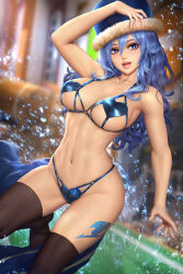 Rule 34 | 1girl, arm up, bikini, black thighhighs, blue bikini, blue eyes, blue hair, blue headwear, blurry, blurry background, body markings, breasts, collarbone, commentary, english commentary, fairy tail, fur-trimmed headwear, fur hat, fur trim, hair between eyes, hat, heart bikini, juvia lockser, large breasts, long hair, mixed-language commentary, navel, neoartcore, o-ring, o-ring bikini, paid reward available, parted lips, patreon username, swimsuit, thai commentary, thighhighs, ushanka, water