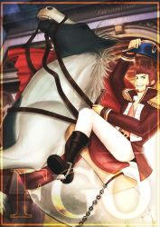 Rule 34 | 1boy, bad id, beard, blue eyes, boots, brown hair, collared jacket, epaulettes, facial hair, fate/grand order, fate (series), hat, horse, horseback riding, jacket, long sideburns, long sleeves, looking at viewer, male focus, military, military uniform, napoleon bonaparte (fate), open mouth, pants, pectorals, riding, scar, sideburns, smile, solo, uniform